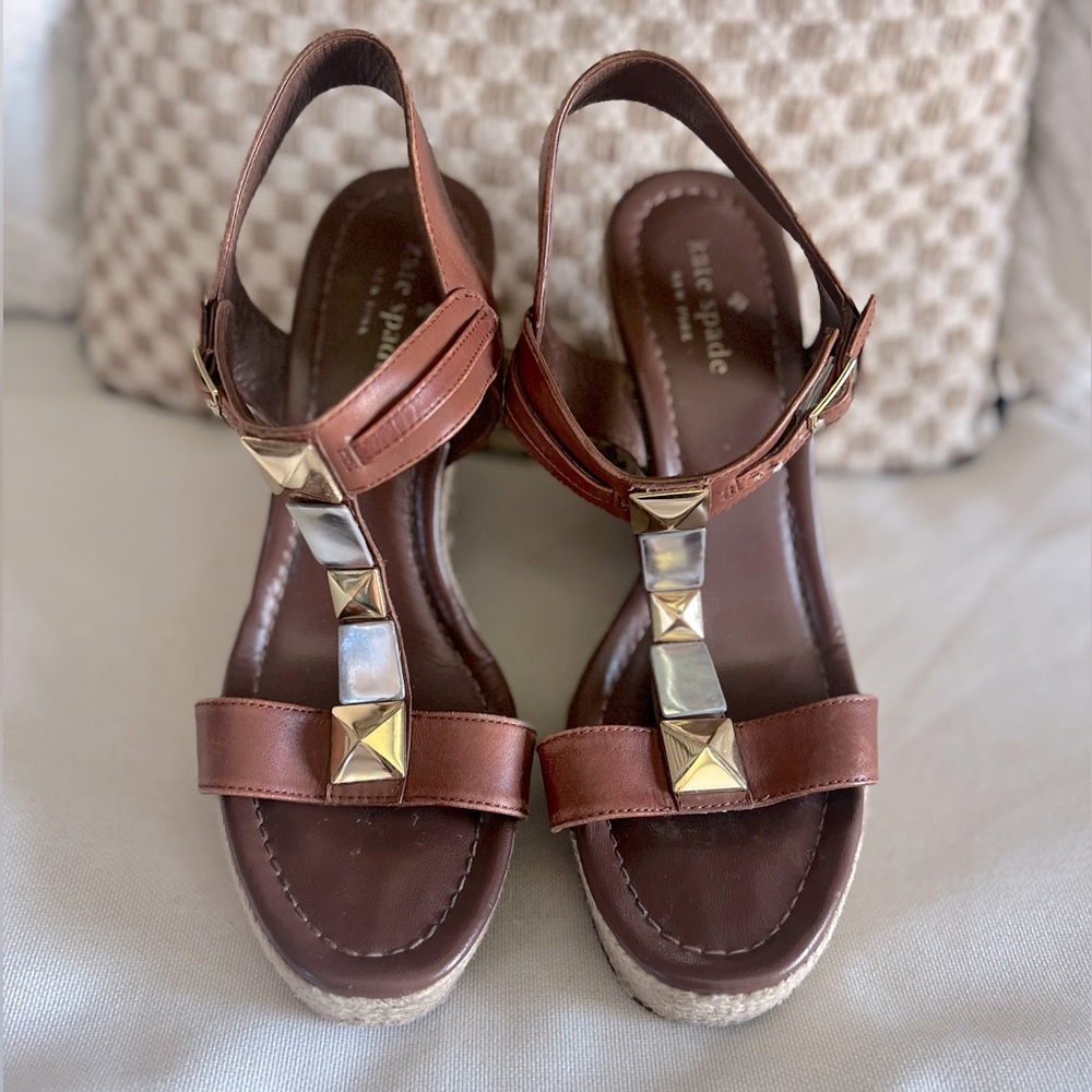 KATE SPADE NEW YORK Brown Leather Studded Accents Espadrilles 8.5M good cond